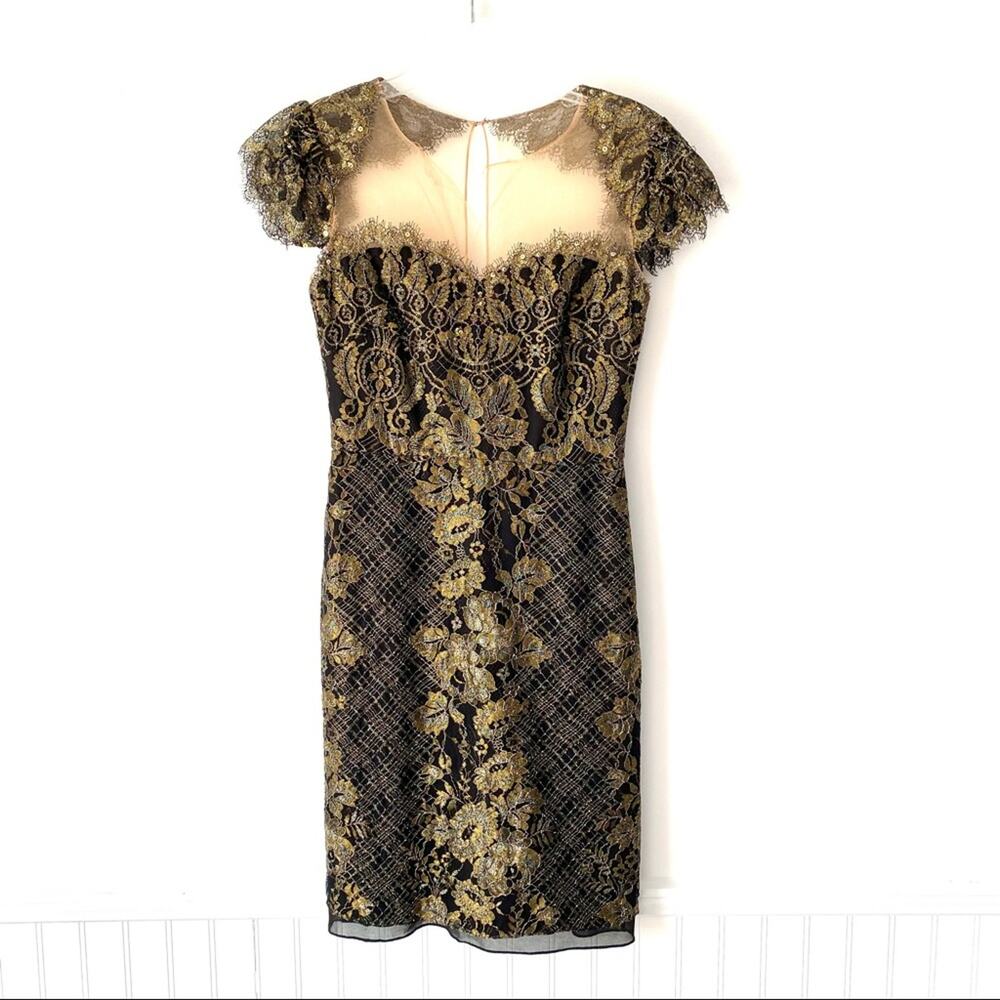 Marchesa Norte Golden Crest Lace Black Dress size 2 flawed